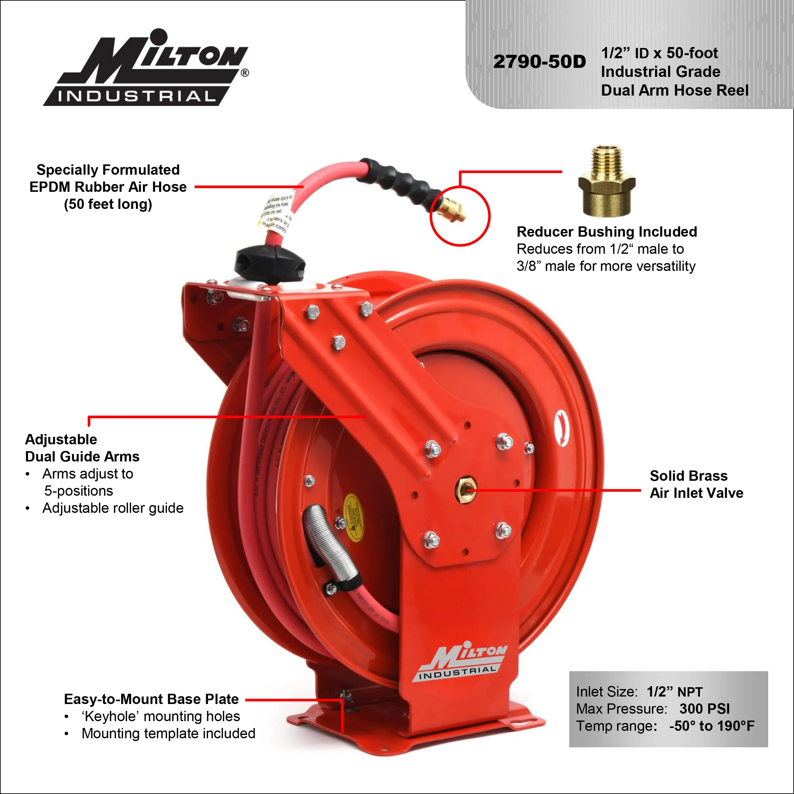 2790-50D - Milton® Industrial Auto-Retracting Hose Reel 1/2" MNPT x 50' Hybrid Rubber Hose, 300 PSI