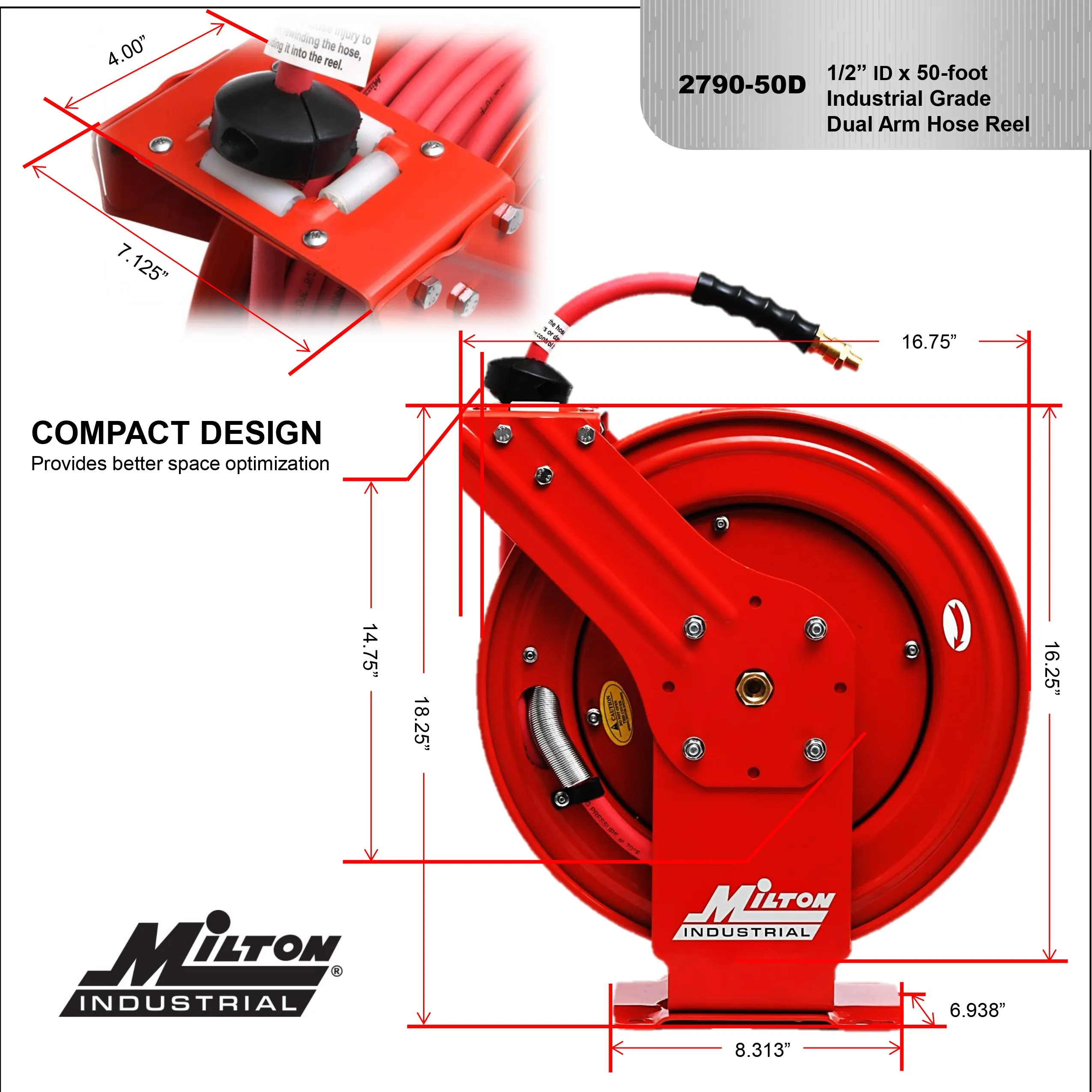 2790-50D - Milton® Industrial Auto-Retracting Hose Reel 1/2" MNPT x 50' Hybrid Rubber Hose, 300 PSI