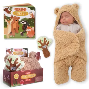 CuddleNest Swaddle Blanket Newborn Gift Set with Storybook & Tree Rattle for Cozy Comfort