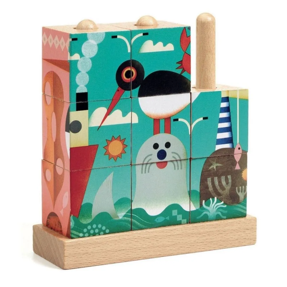 Djeco Sea Wooden Puzzle Cubes - Wooden Stacking Puzzle