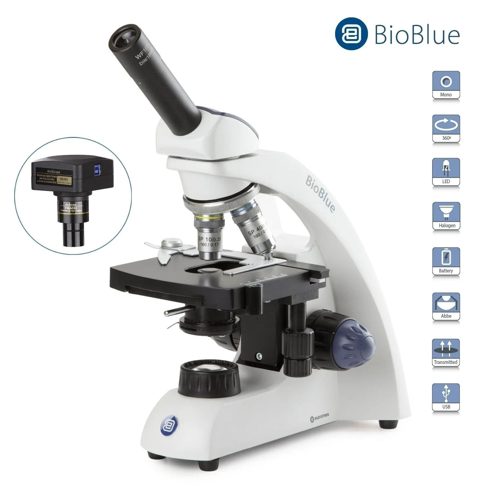 Euromex BioBlue Series Portable Monocular Compound Microscope with Mechanical X-Y Stage