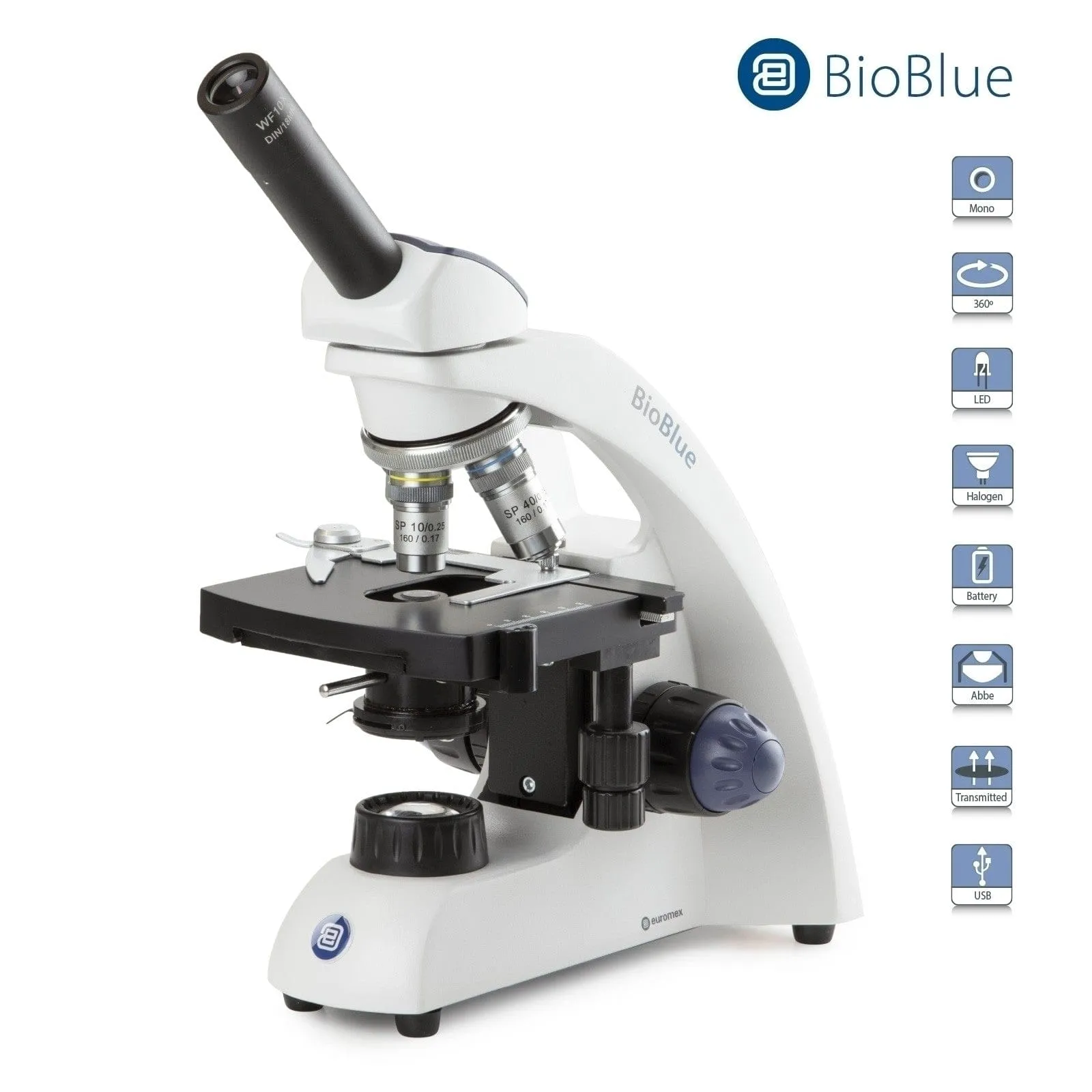 Euromex BioBlue Series Portable Monocular Compound Microscope with Mechanical X-Y Stage