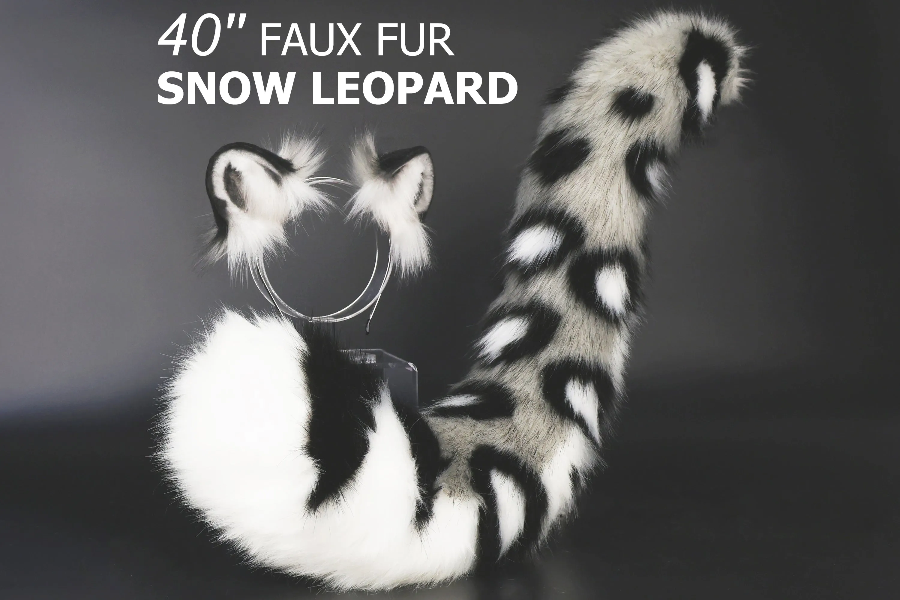 Realistic faux fur white gray snow leopard ear and tail set anime cosplay animal role playing