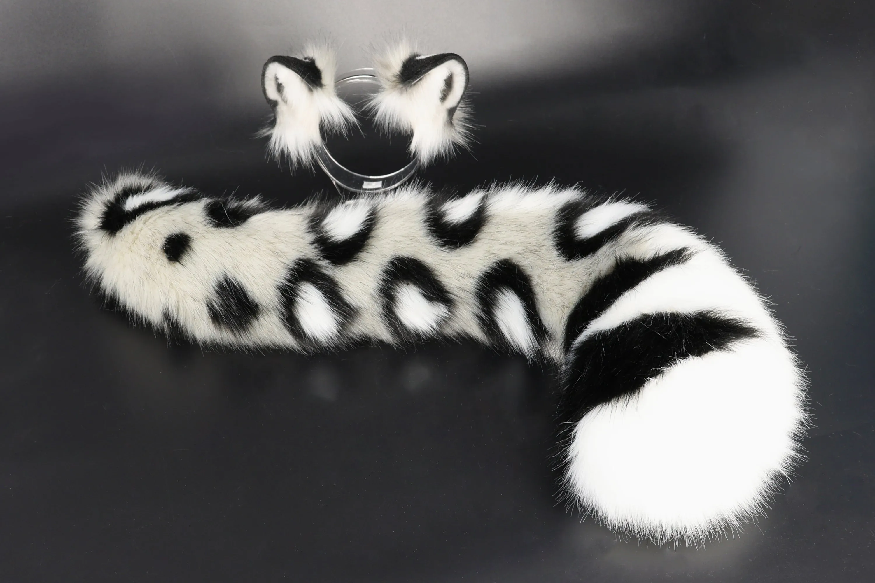 Realistic faux fur white gray snow leopard ear and tail set anime cosplay animal role playing