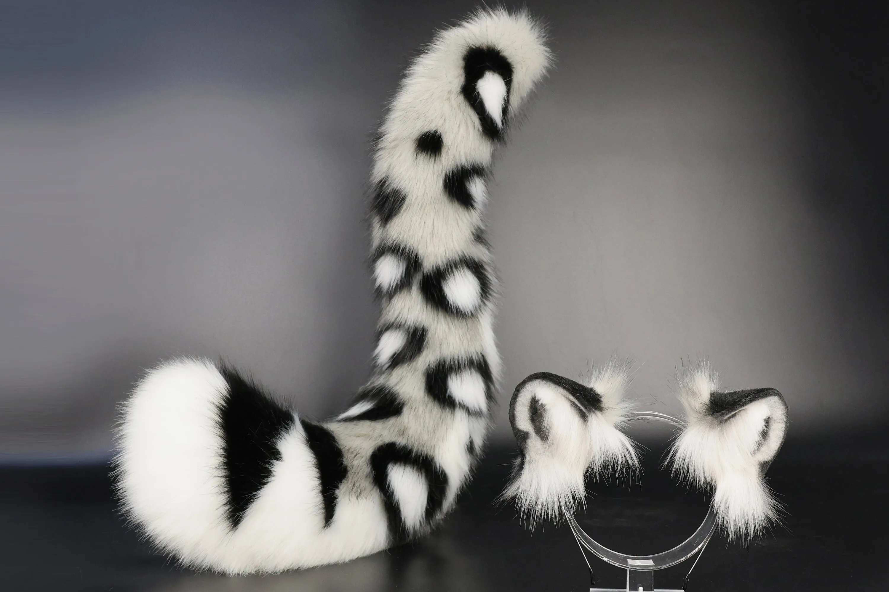 Realistic faux fur white gray snow leopard ear and tail set anime cosplay animal role playing