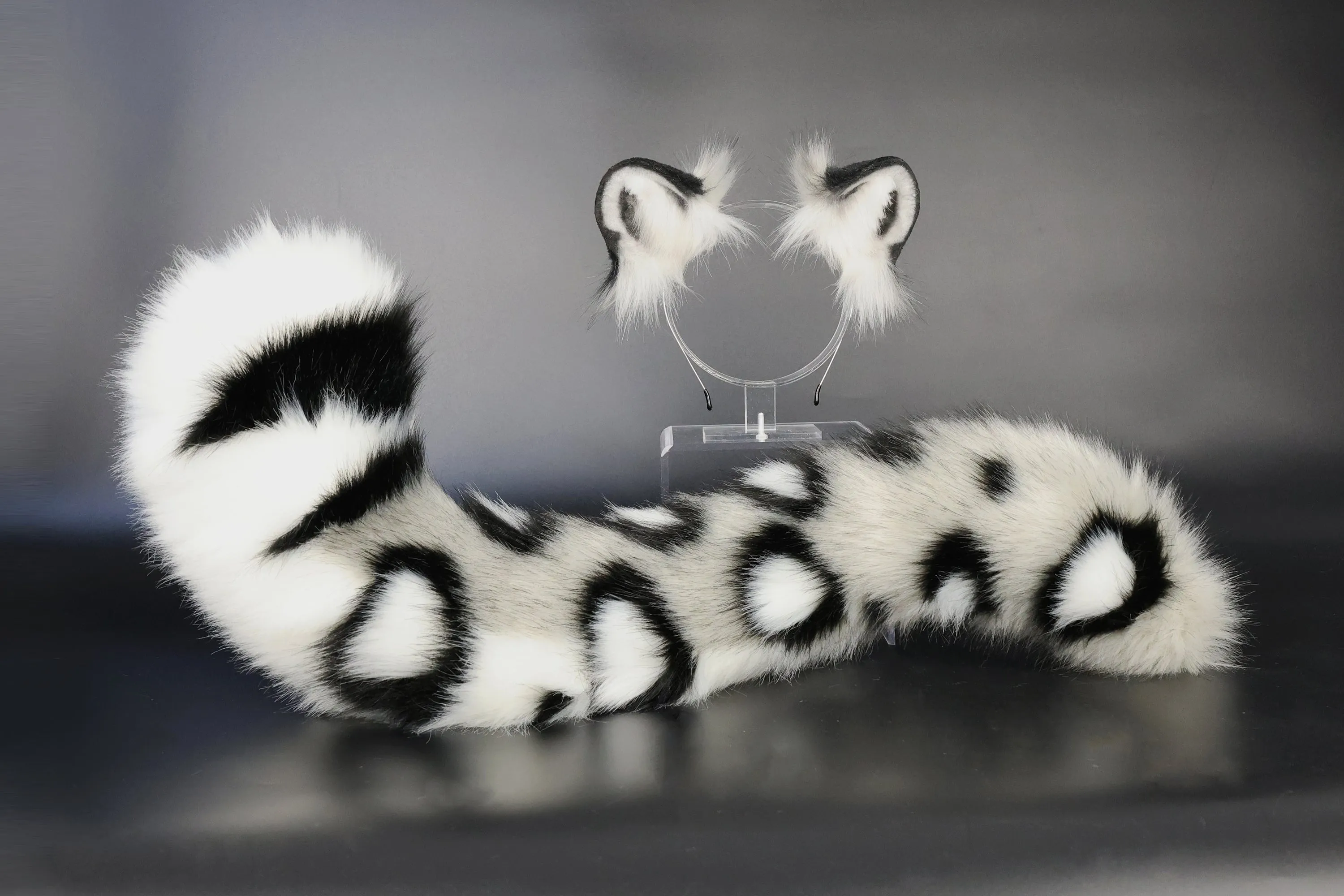 Realistic faux fur white gray snow leopard ear and tail set anime cosplay animal role playing