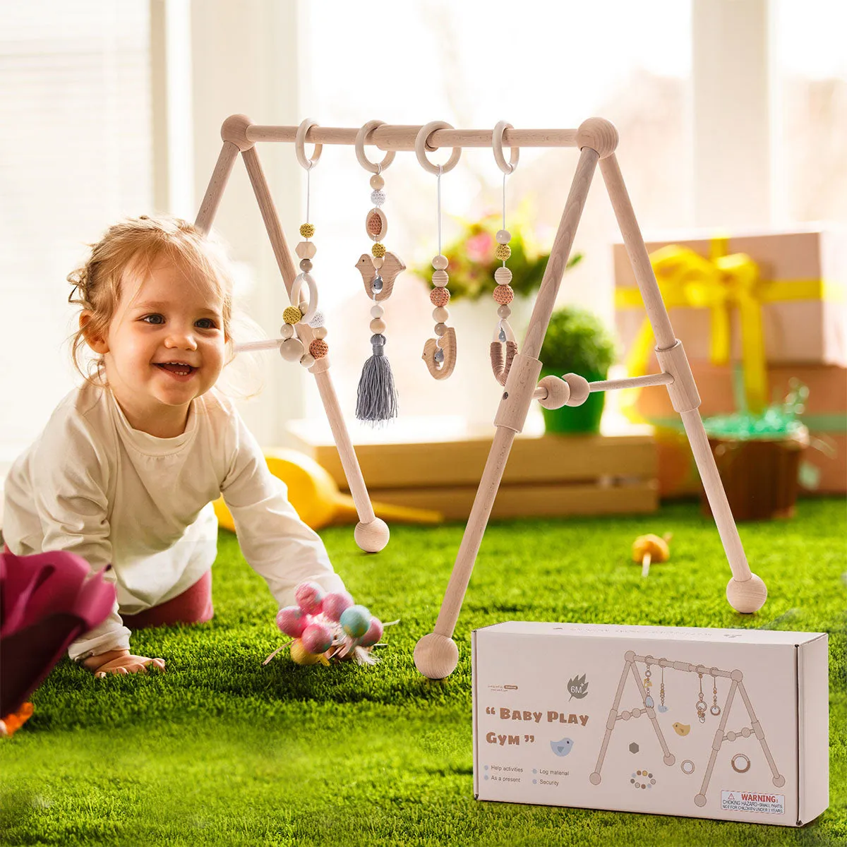 ROBUD Wooden Baby Gym with 4 Toys