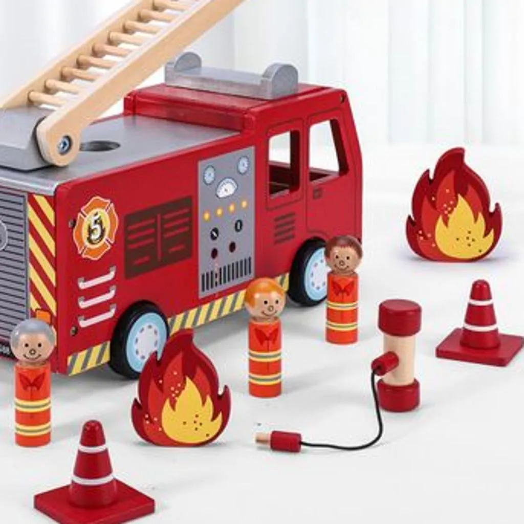 Wooden Fire Engine Truck with Firefighter Figurines Vehicle Toy for Kids 3 