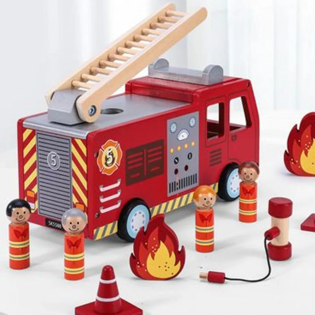 Wooden Fire Engine Truck with Firefighter Figurines Vehicle Toy for Kids 3 