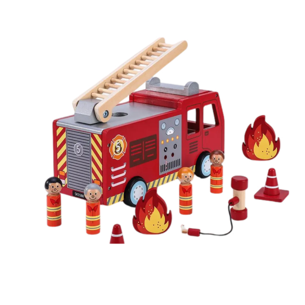 Wooden Fire Engine Truck with Firefighter Figurines Vehicle Toy for Kids 3 