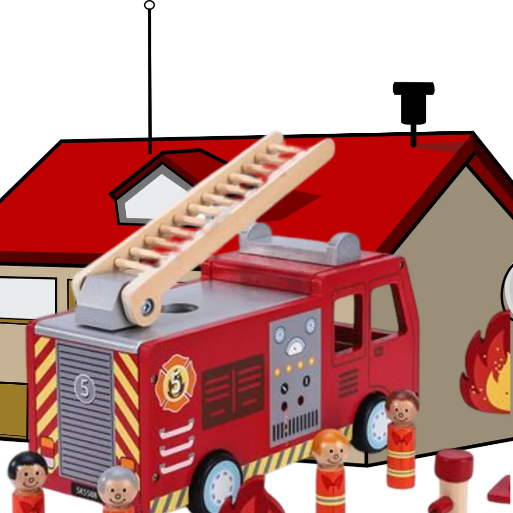 Wooden Fire Engine Truck with Firefighter Figurines Vehicle Toy for Kids 3 