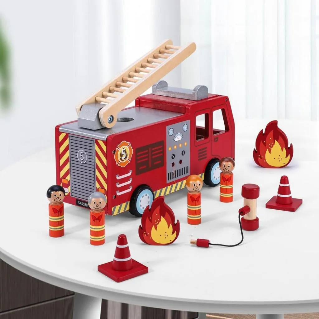 Wooden Fire Engine Truck with Firefighter Figurines Vehicle Toy for Kids 3 