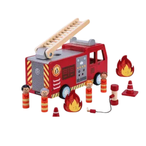 Wooden Fire Engine Truck with Firefighter Figurines Vehicle Toy for Kids 3 